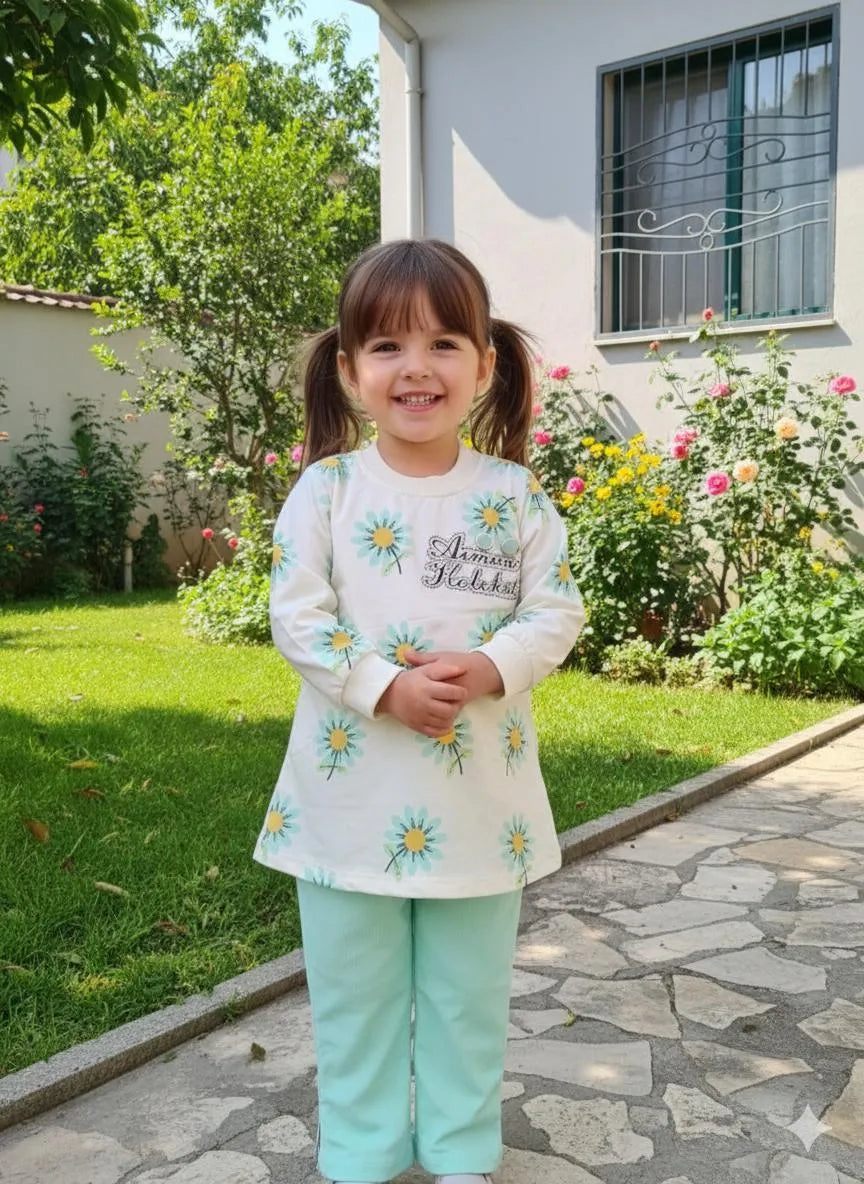 Sunny Daisy Girls Co-Ord Set – Floral Long Sleeve Top & Mint Leggings
