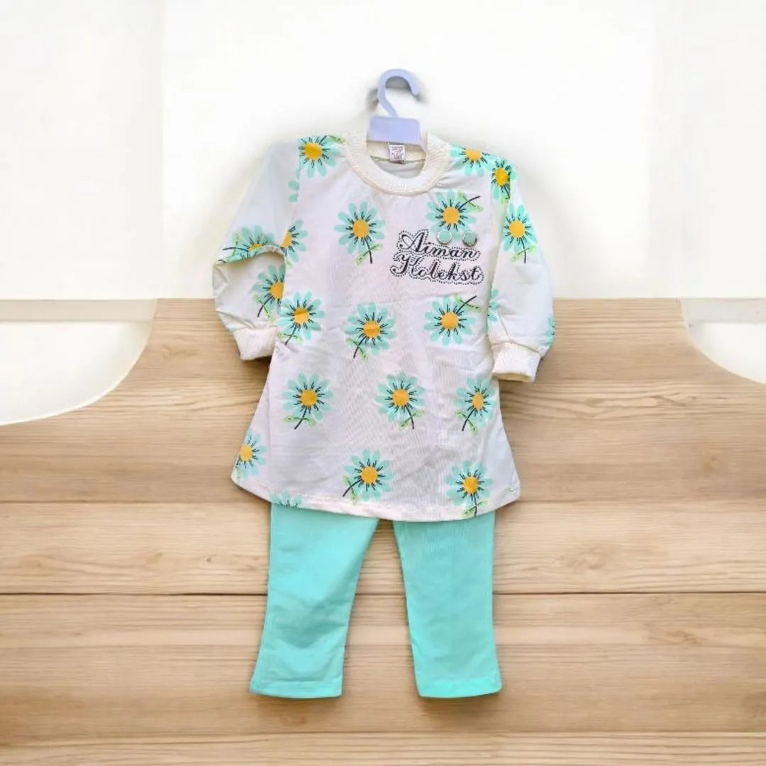 Sunny Daisy Girls Co-Ord Set – Floral Long Sleeve Top & Mint Leggings