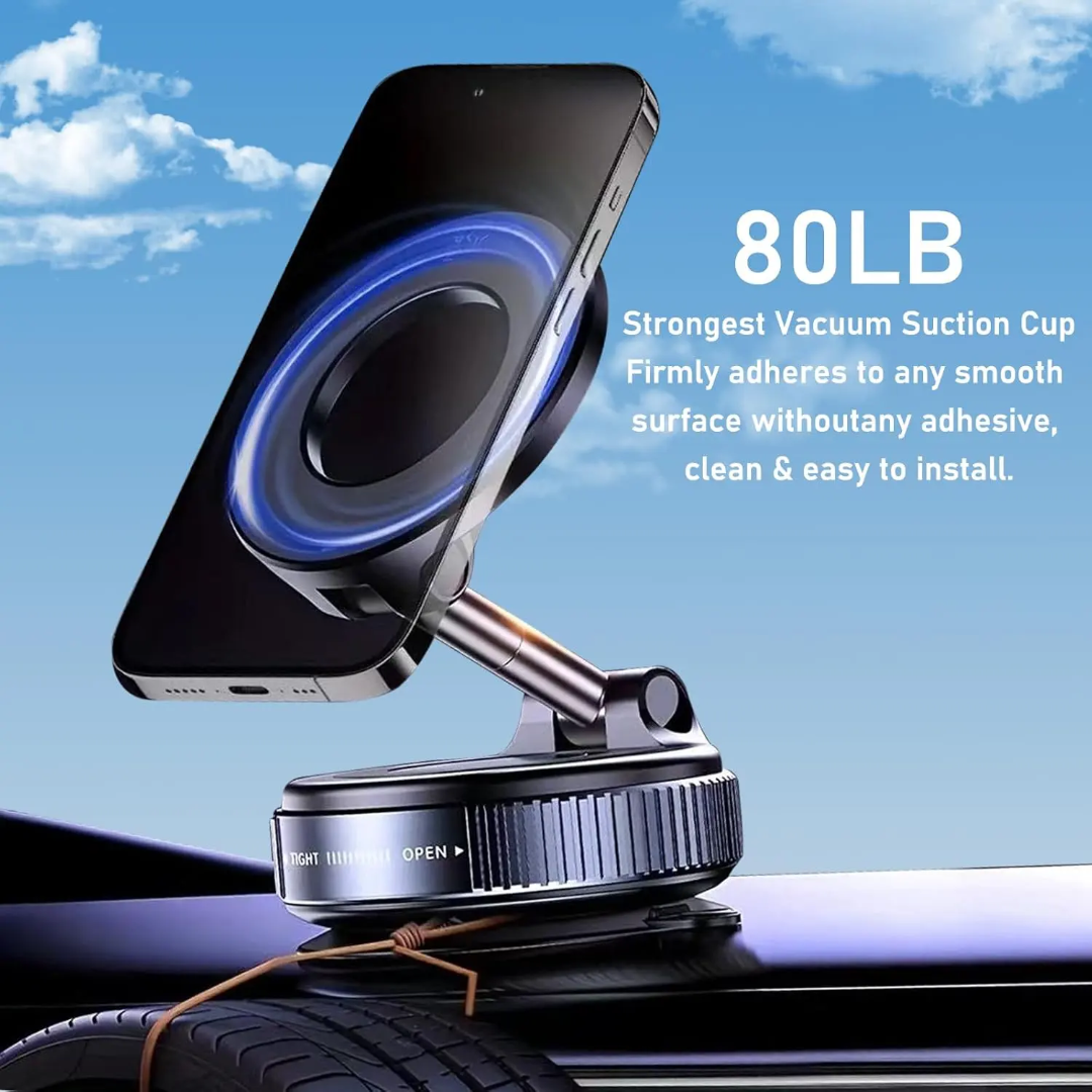 Magnetic Car Phone Mount with 80LB Vacuum Suction – Ultra Secure Dashboard Holder