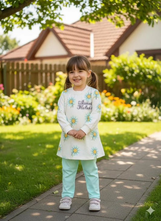 Sunny Daisy Girls Co-Ord Set – Floral Long Sleeve Top & Mint Leggings