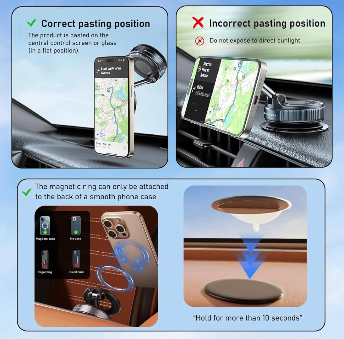 Magnetic Car Phone Mount with 80LB Vacuum Suction – Ultra Secure Dashboard Holder